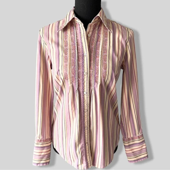 Robert Graham  Paisley Embroidered Striped Pleated Front Button Down Shirt - Picture 1 of 15